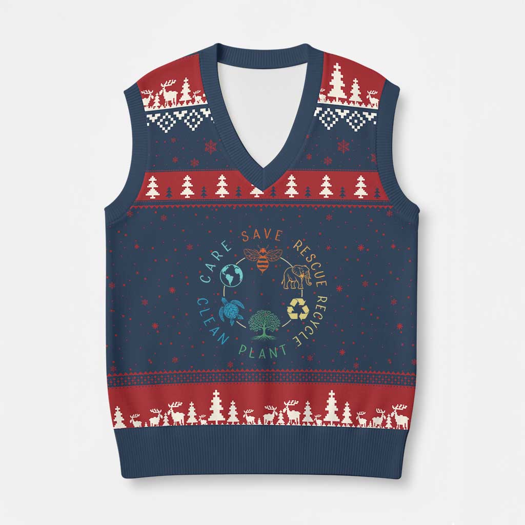 Earth Day Environment V-Neck Knit Sweater Vest Save Bees Rescue Animals Recycle Plastic