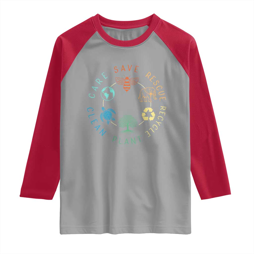 Earth Day Environment Raglan Shirt Save Bees Rescue Animals Recycle Plastic