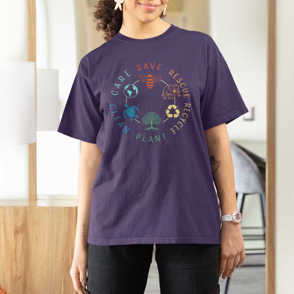 Earth Day Environment T Shirt For Women Save Bees Rescue Animals Recycle Plastic