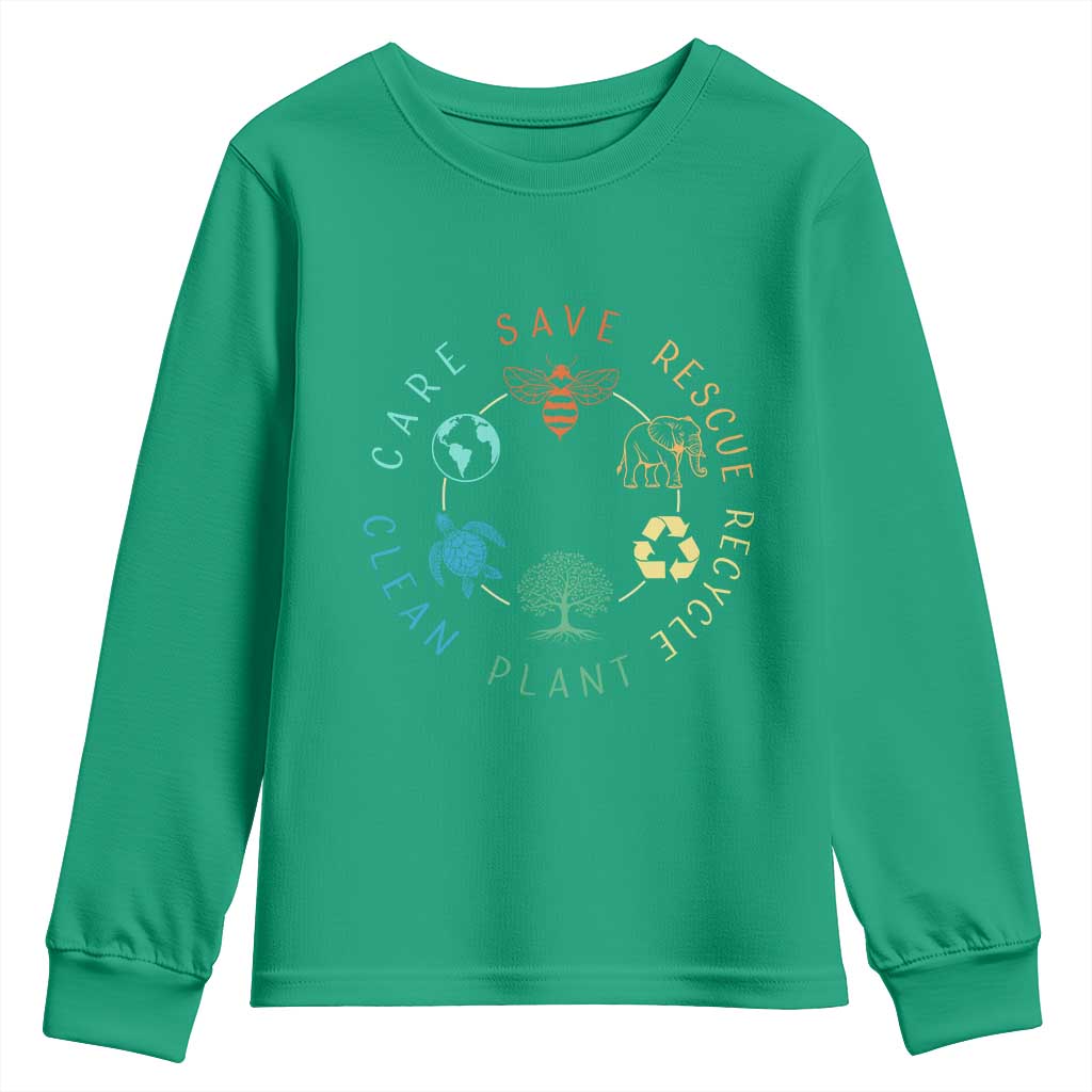 Earth Day Environment Youth Sweatshirt Save Bees Rescue Animals Recycle Plastic