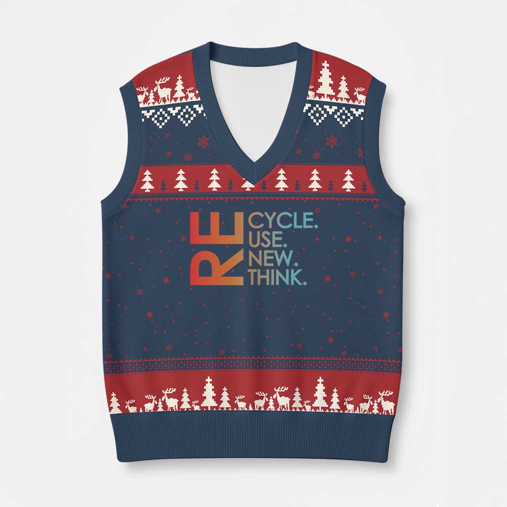 Environmental Activism V-Neck Knit Sweater Vest Recycle Reuse Renew Rethink Earth Day