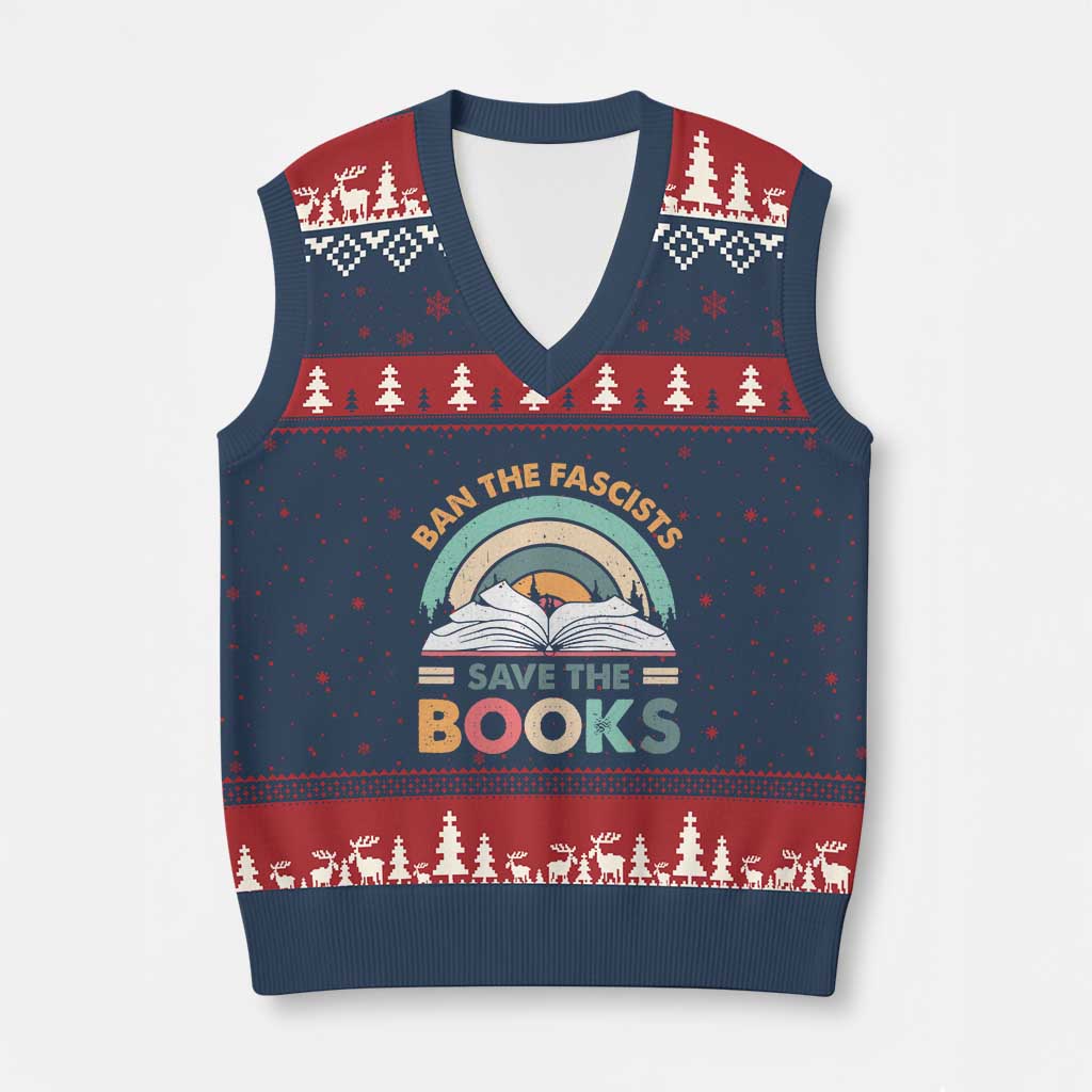 Ban The Fascists Save The Books V-Neck Knit Sweater Vest Funny Book Lovers Librarian Book Nerd - Wonder Print Shop