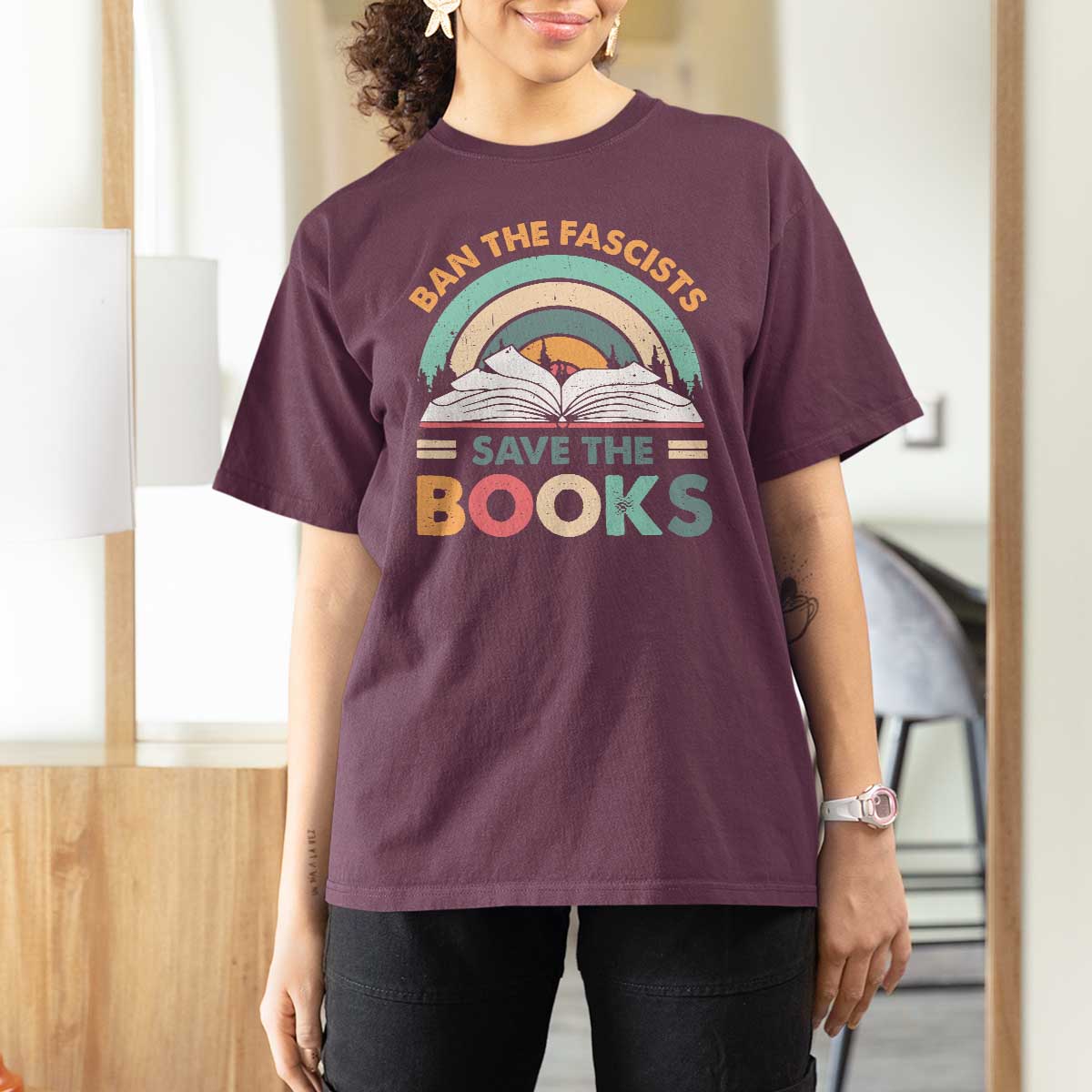 Ban The Fascists Save The Books T Shirt For Women Funny Book Lovers Librarian Book Nerd