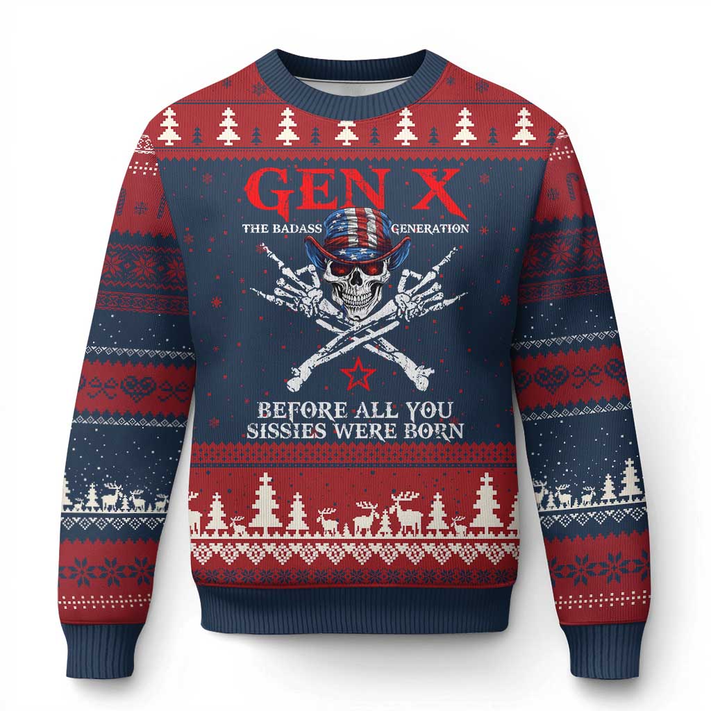 Gen X The Badasss Generation Ugly Christmas Sweater Before All You Sissie were Born Skull Rock Hand - Wonder Print Shop