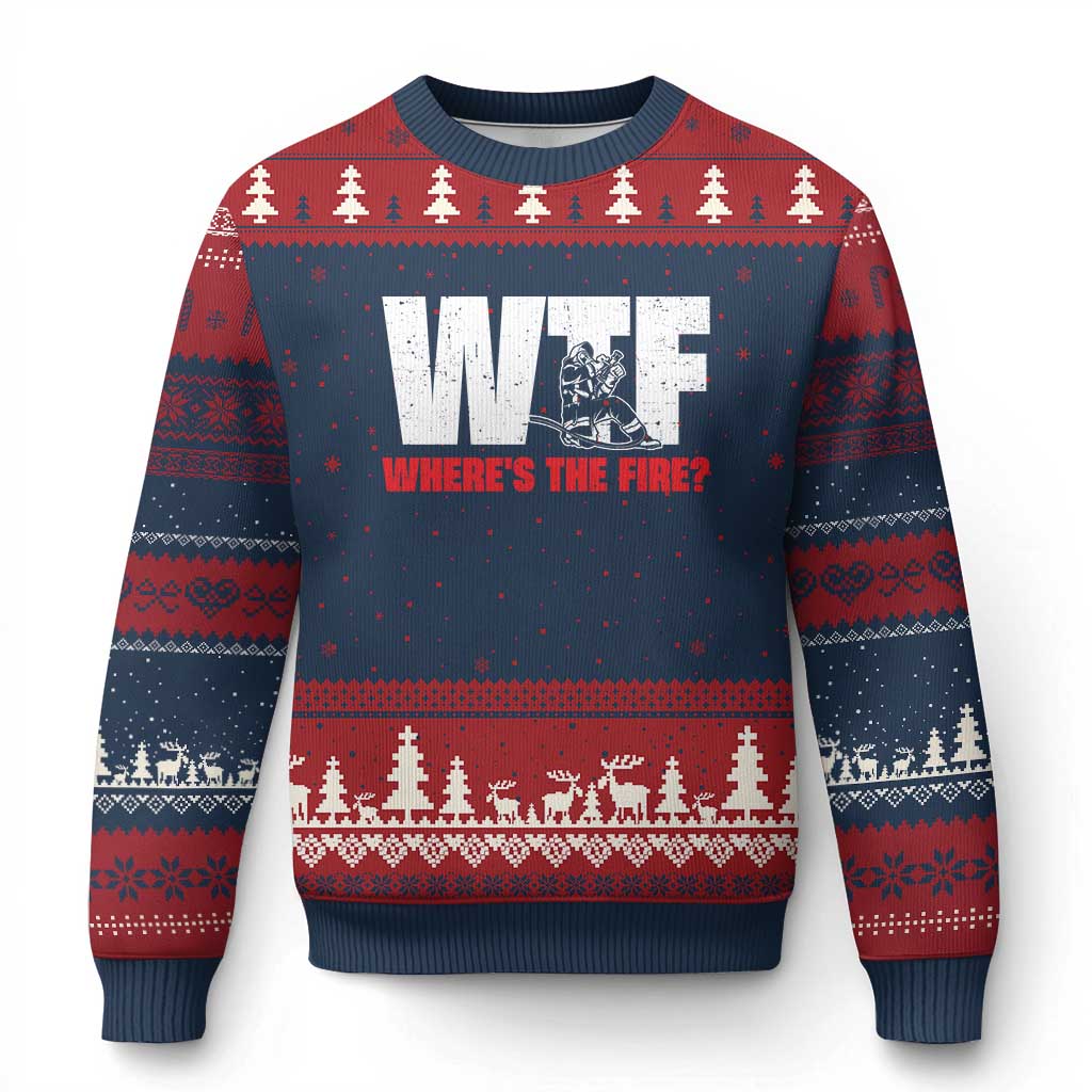 WTF Wheres The Fire Ugly Christmas Sweater Funny Fireman Firefighter - Wonder Print Shop