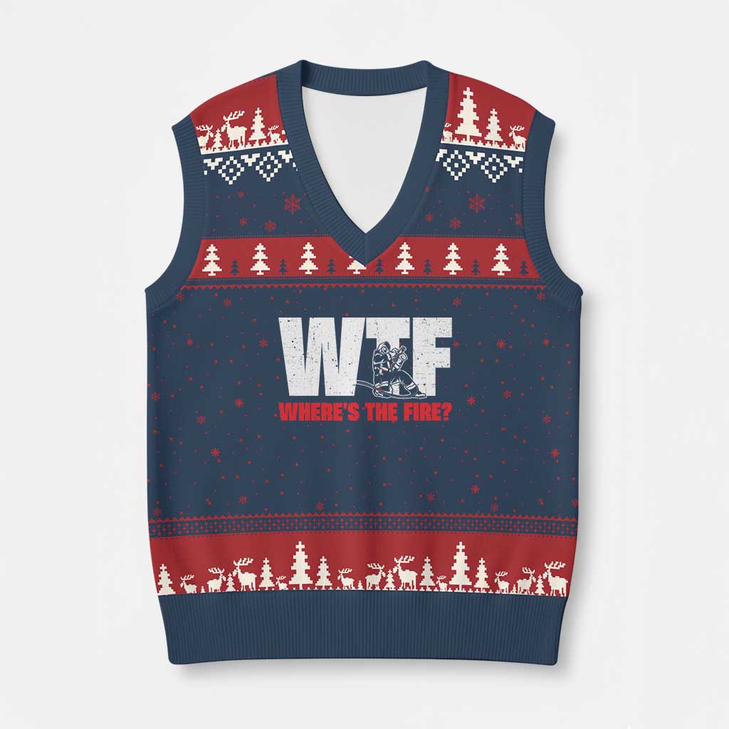 WTF Wheres The Fire V-Neck Knit Sweater Vest Funny Fireman Firefighter - Wonder Print Shop