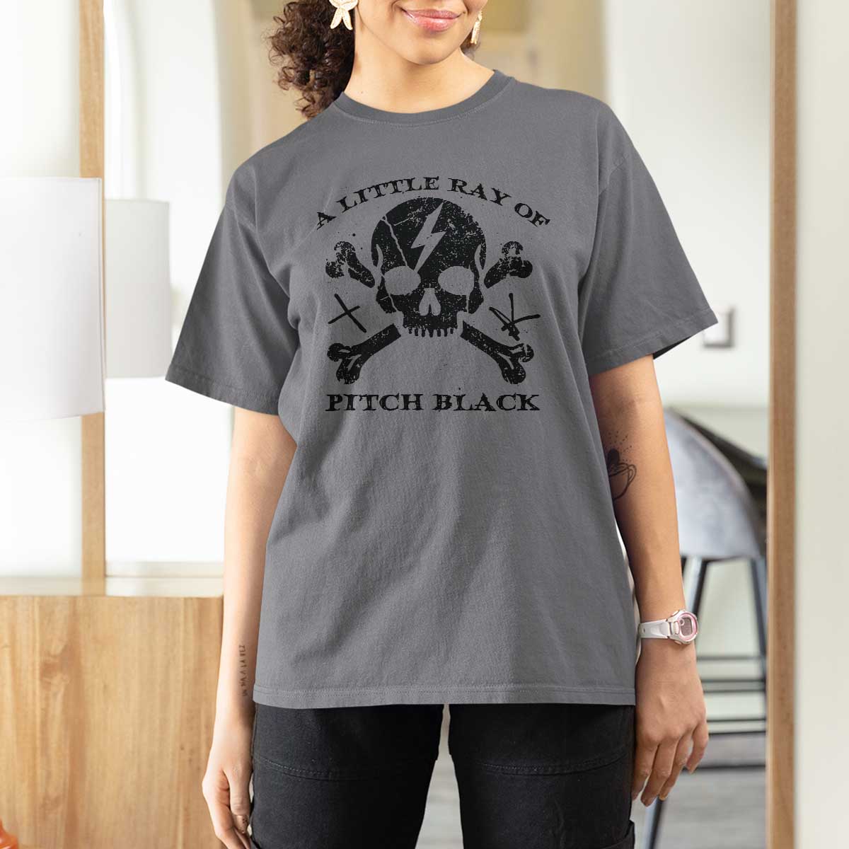 A Little Ray of Pitch Black T Shirt For Women Dark Humor Sarcastic Halloween Spooky Skull - Wonder Print Shop