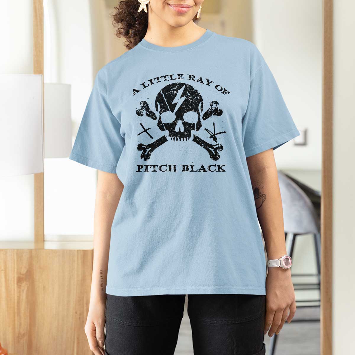 A Little Ray of Pitch Black T Shirt For Women Dark Humor Sarcastic Halloween Spooky Skull - Wonder Print Shop