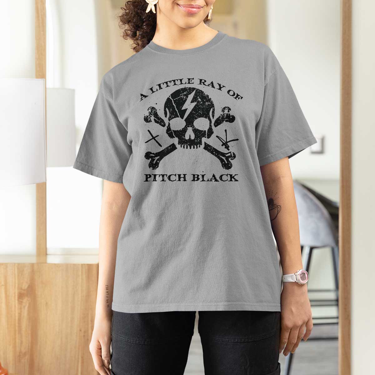 A Little Ray of Pitch Black T Shirt For Women Dark Humor Sarcastic Halloween Spooky Skull - Wonder Print Shop