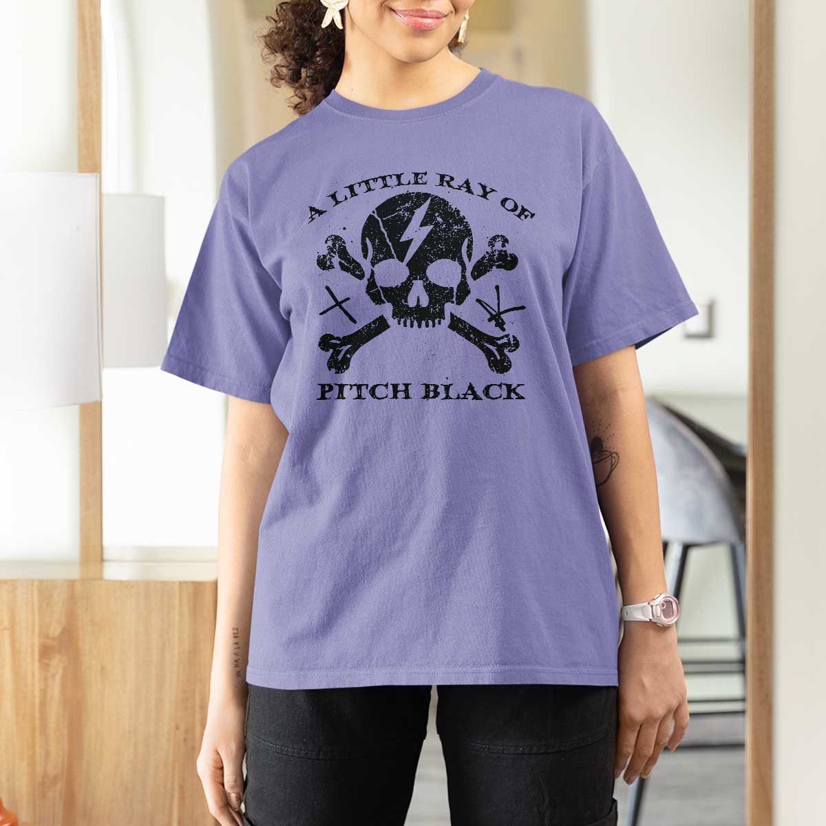 A Little Ray of Pitch Black T Shirt For Women Dark Humor Sarcastic Halloween Spooky Skull - Wonder Print Shop