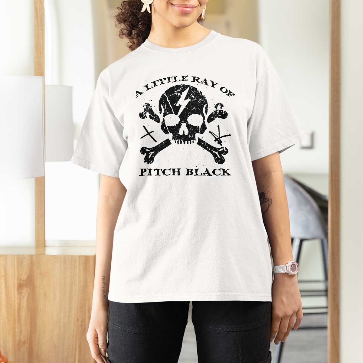 A Little Ray of Pitch Black T Shirt For Women Dark Humor Sarcastic Halloween Spooky Skull - Wonder Print Shop
