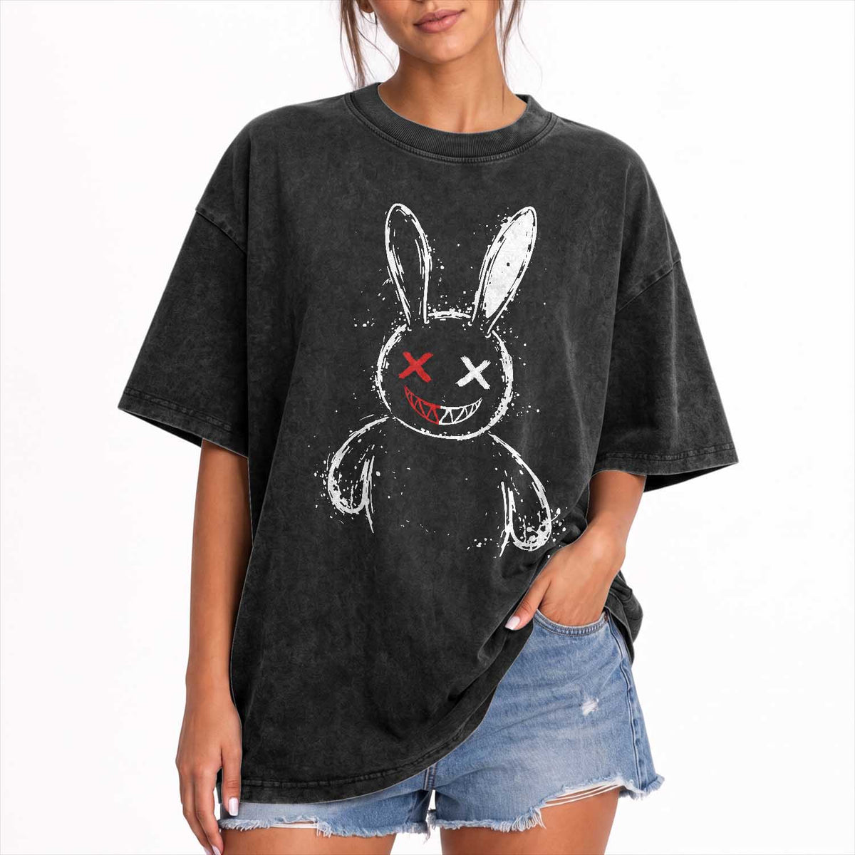 Creepy Cute Bunny Washed Cotton T-Shirt Rabbit Alt Goth Grunge Horror Aesthetic