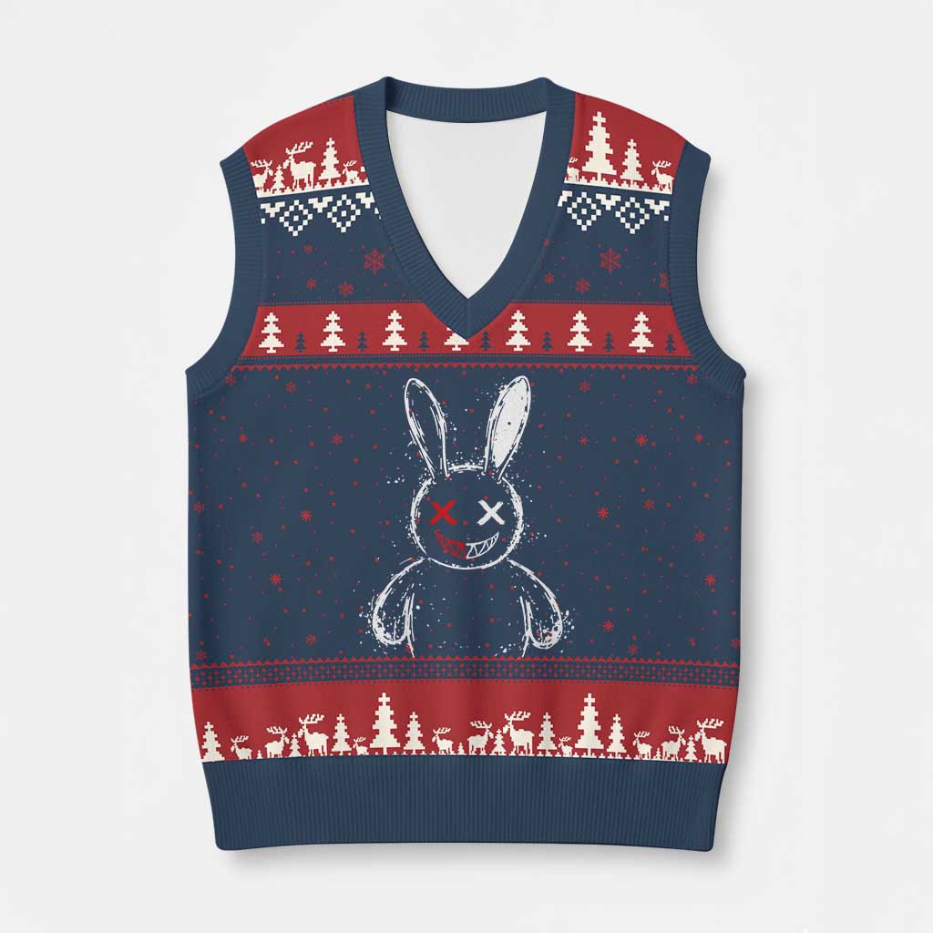 Creepy Cute Bunny V-Neck Knit Sweater Vest Rabbit Alt Goth Grunge Horror Aesthetic - Wonder Print Shop
