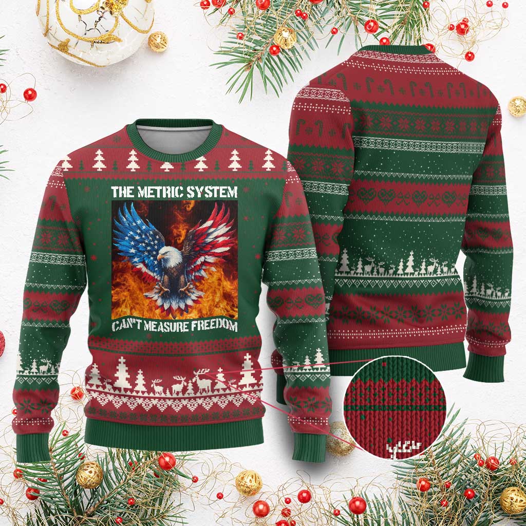 Funny Bald Eagle 4th of July Ugly Christmas Sweater The Metric System Cant Measure Freedom American Flag - Wonder Print Shop