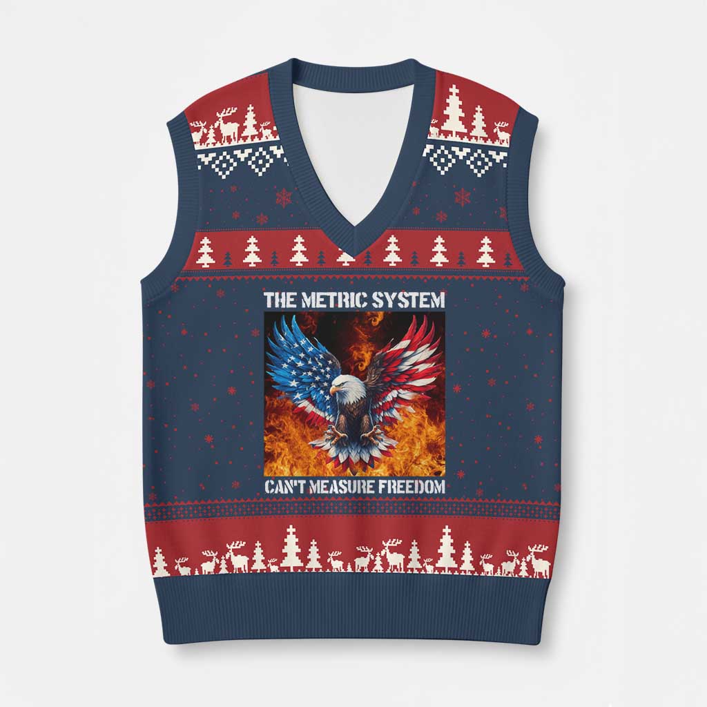 Funny Bald Eagle 4th of July V-Neck Knit Sweater Vest The Metric System Cant Measure Freedom American Flag - Wonder Print Shop