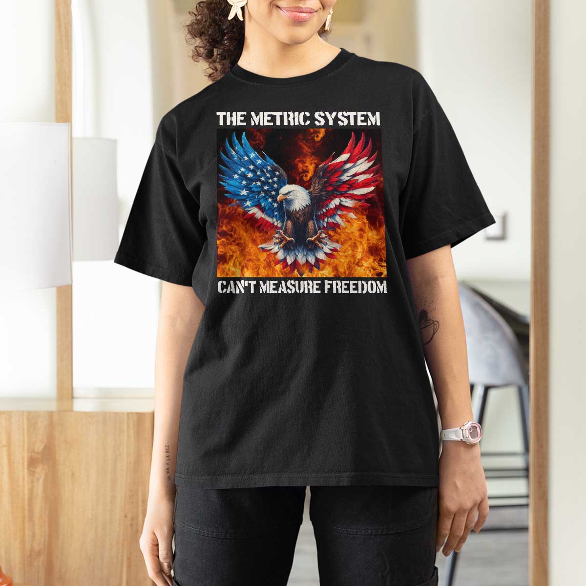 Funny Bald Eagle 4th of July T Shirt For Women The Metric System Cant Measure Freedom American Flag - Wonder Print Shop