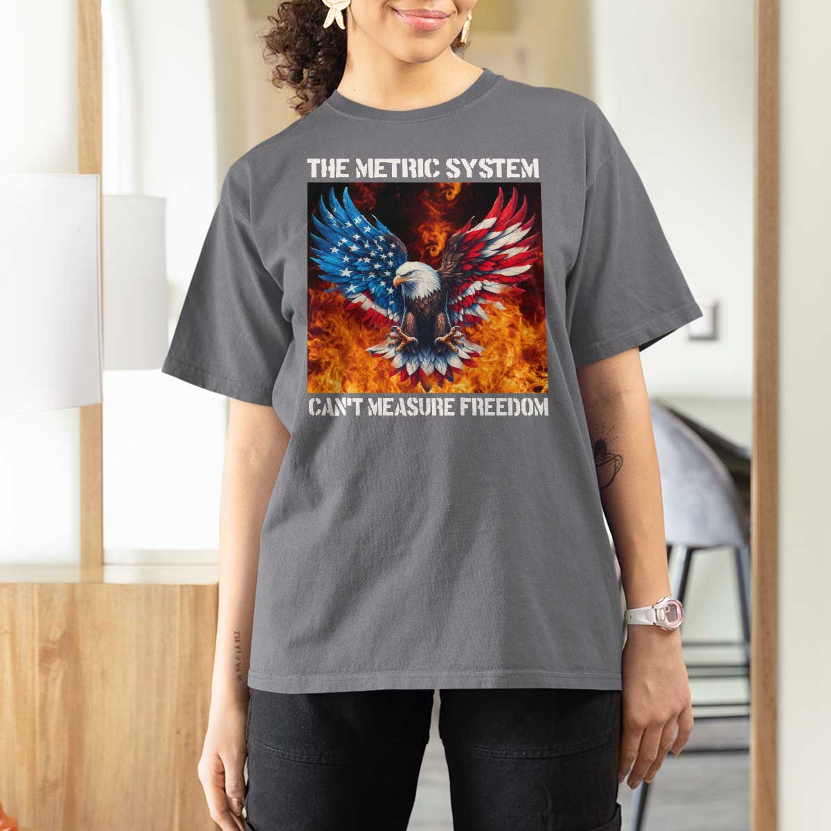 Funny Bald Eagle 4th of July T Shirt For Women The Metric System Cant Measure Freedom American Flag - Wonder Print Shop
