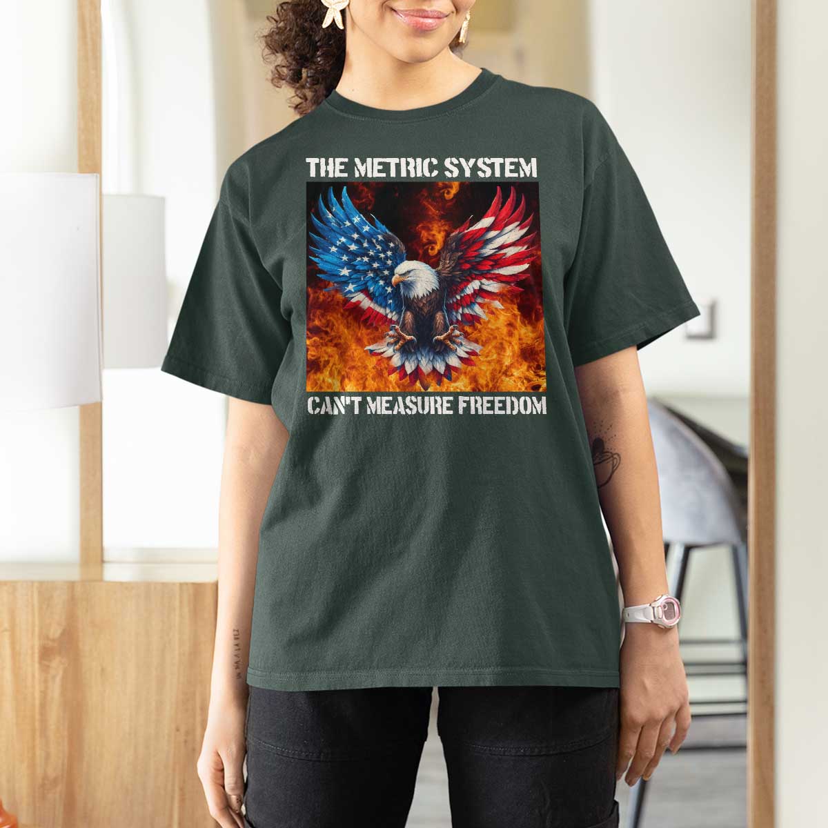 Funny Bald Eagle 4th of July T Shirt For Women The Metric System Cant Measure Freedom American Flag - Wonder Print Shop