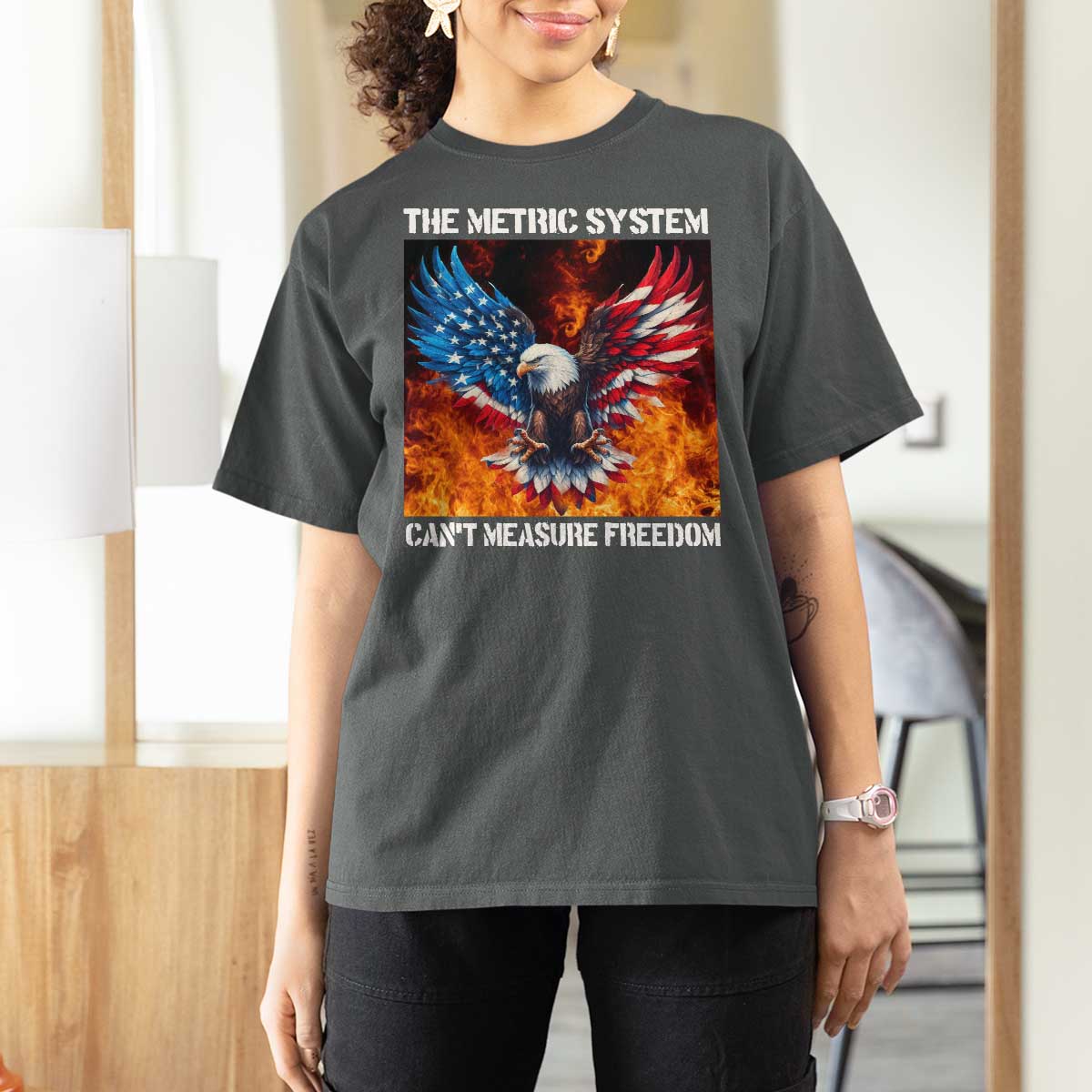 Funny Bald Eagle 4th of July T Shirt For Women The Metric System Cant Measure Freedom American Flag - Wonder Print Shop