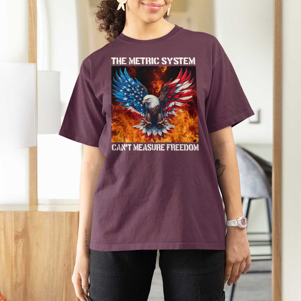 Funny Bald Eagle 4th of July T Shirt For Women The Metric System Cant Measure Freedom American Flag - Wonder Print Shop