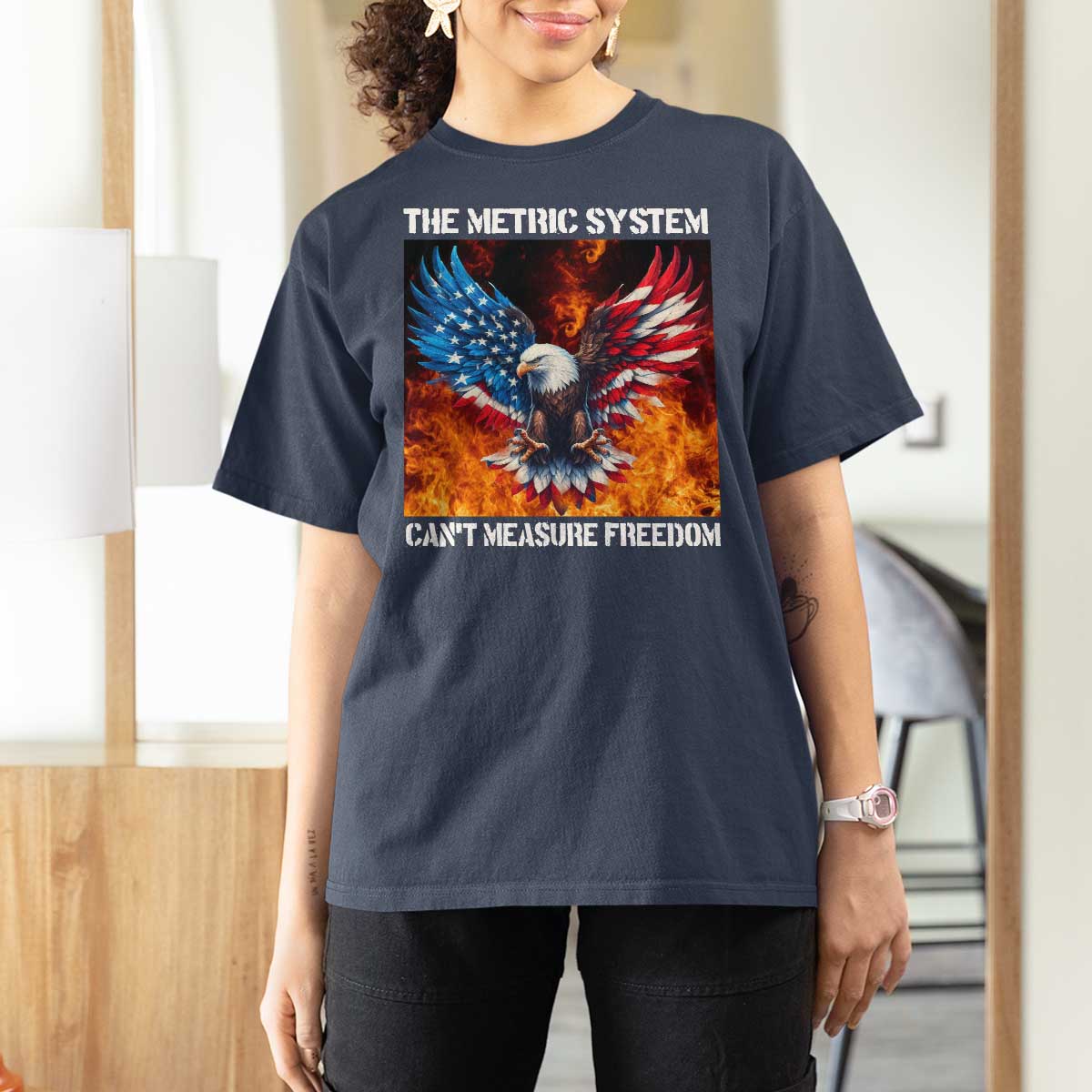 Funny Bald Eagle 4th of July T Shirt For Women The Metric System Cant Measure Freedom American Flag - Wonder Print Shop