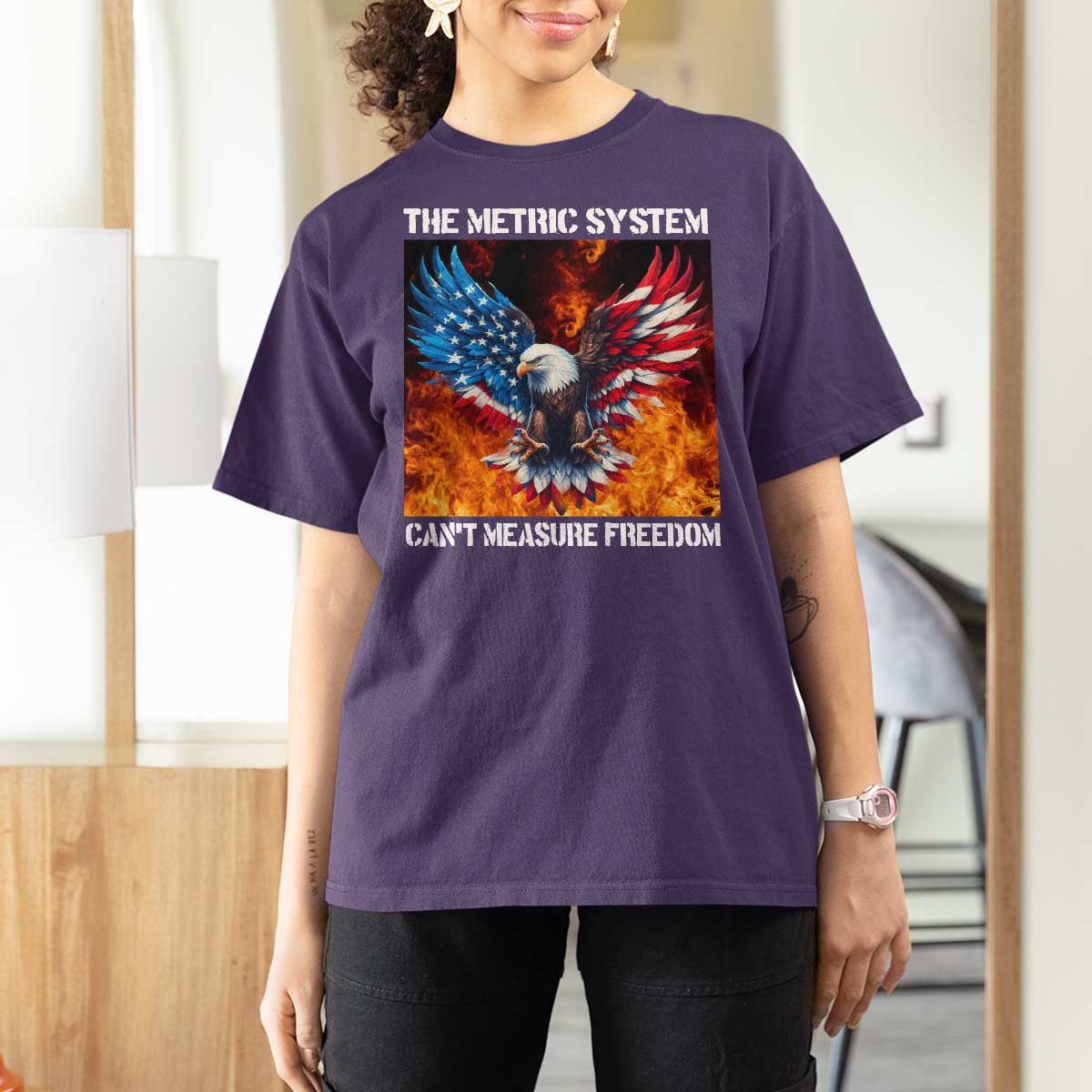 Funny Bald Eagle 4th of July T Shirt For Women The Metric System Cant Measure Freedom American Flag - Wonder Print Shop