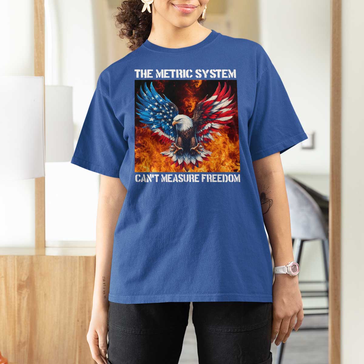 Funny Bald Eagle 4th of July T Shirt For Women The Metric System Cant Measure Freedom American Flag - Wonder Print Shop