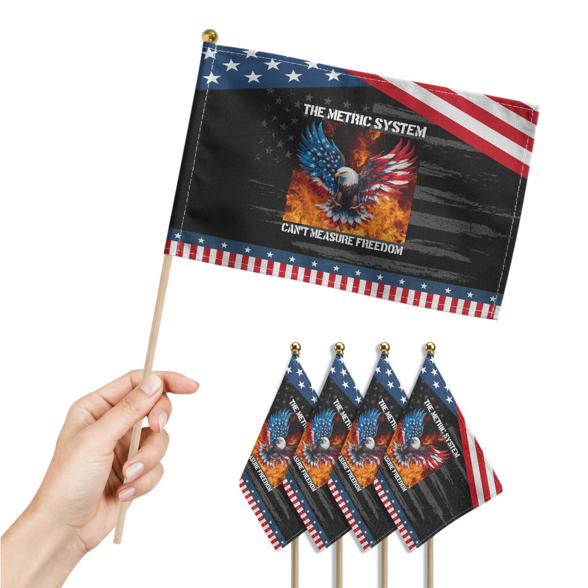 Funny Bald Eagle 4th of July Patriotic Handheld Flag The Metric System Cant Measure Freedom American Flag