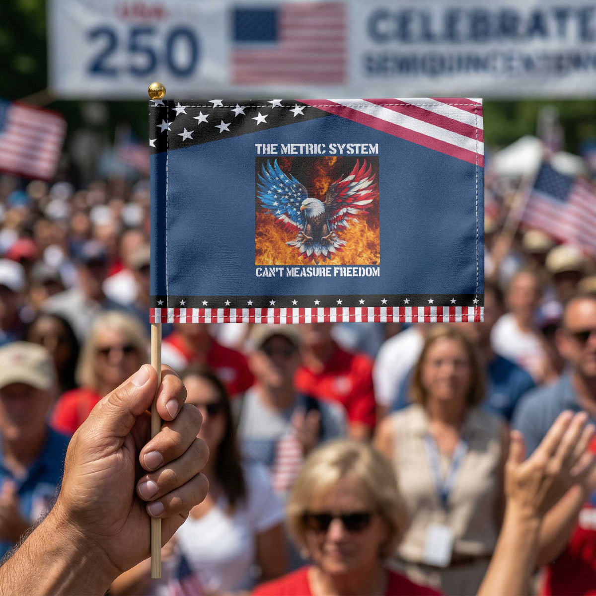 Funny Bald Eagle 4th of July Patriotic Handheld Flag The Metric System Cant Measure Freedom American Flag