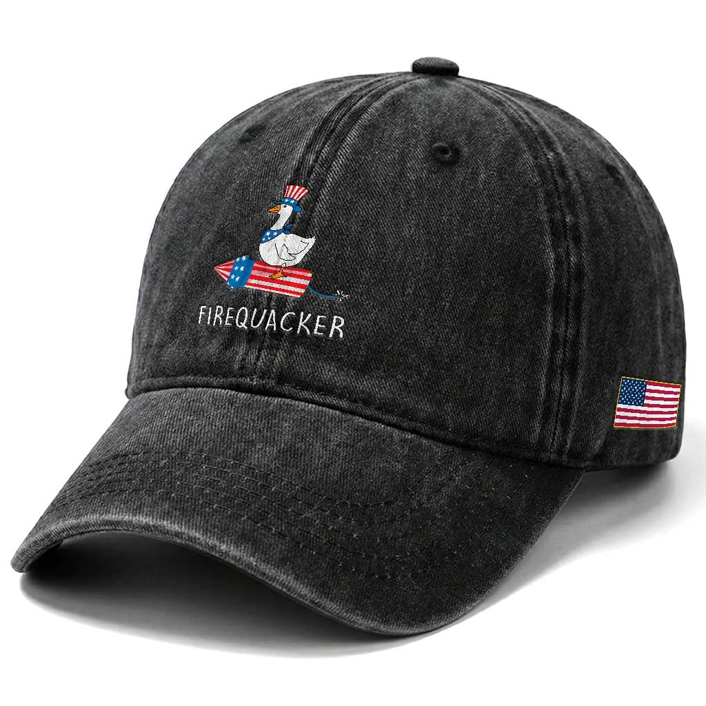 Funny July 4th Goose Washed Cotton Baseball Cap Patriotic Goose Firework Firequacker Independence Day