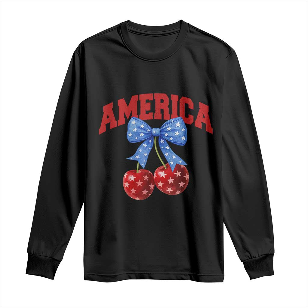 America Cherry Coquette Bow Long Sleeve Shirt 4th of July Patriotic - Wonder Print Shop