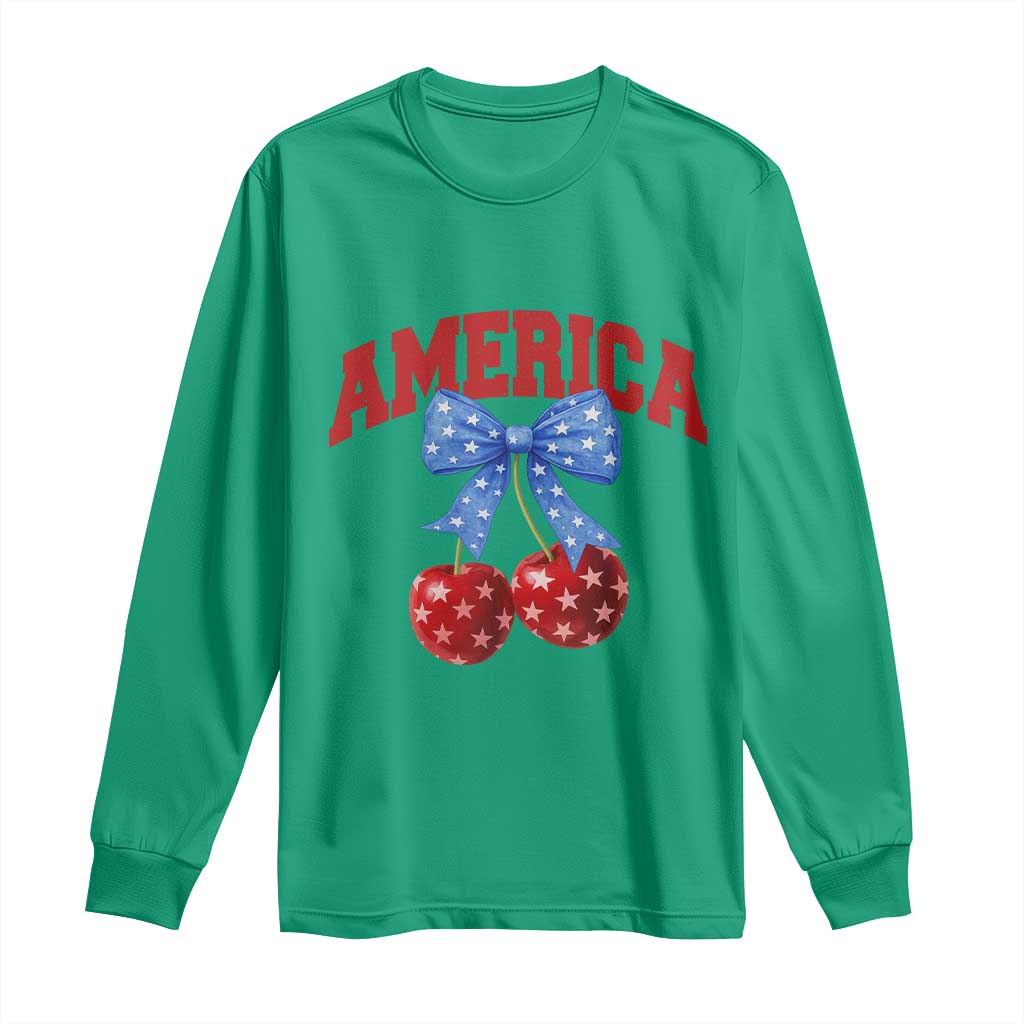 America Cherry Coquette Bow Long Sleeve Shirt 4th of July Patriotic - Wonder Print Shop