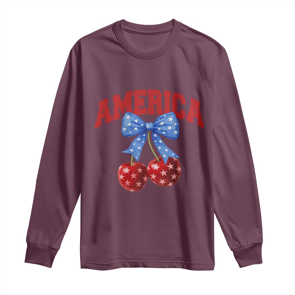 America Cherry Coquette Bow Long Sleeve Shirt 4th of July Patriotic - Wonder Print Shop
