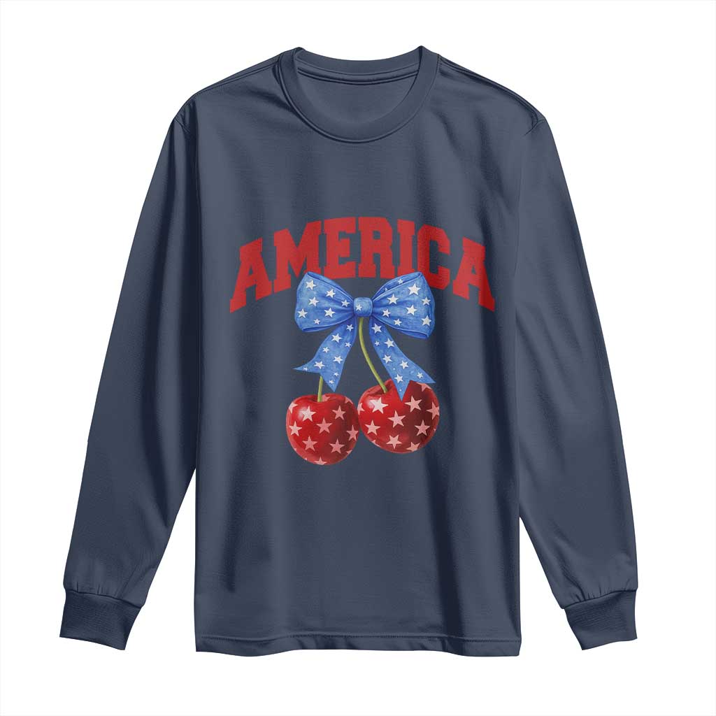 America Cherry Coquette Bow Long Sleeve Shirt 4th of July Patriotic - Wonder Print Shop