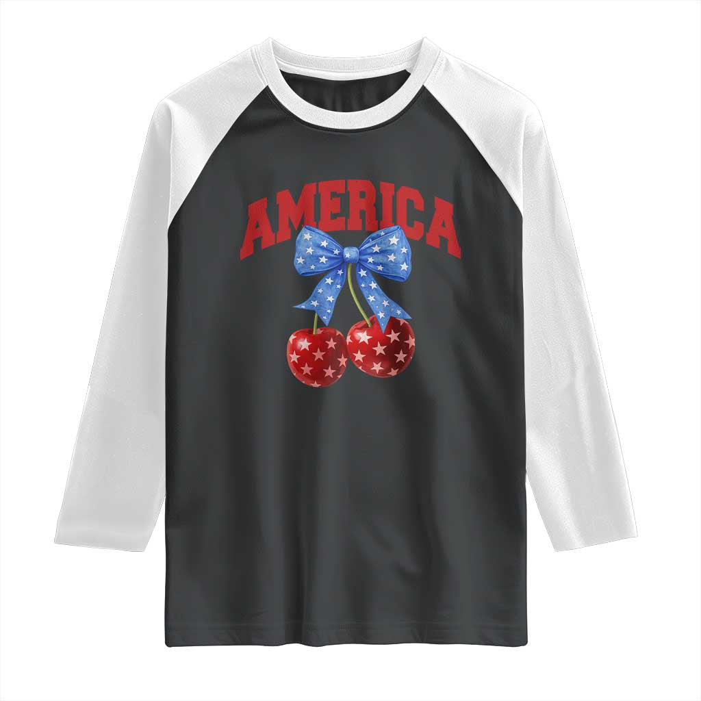 America Cherry Coquette Bow Raglan Shirt 4th of July Patriotic - Wonder Print Shop
