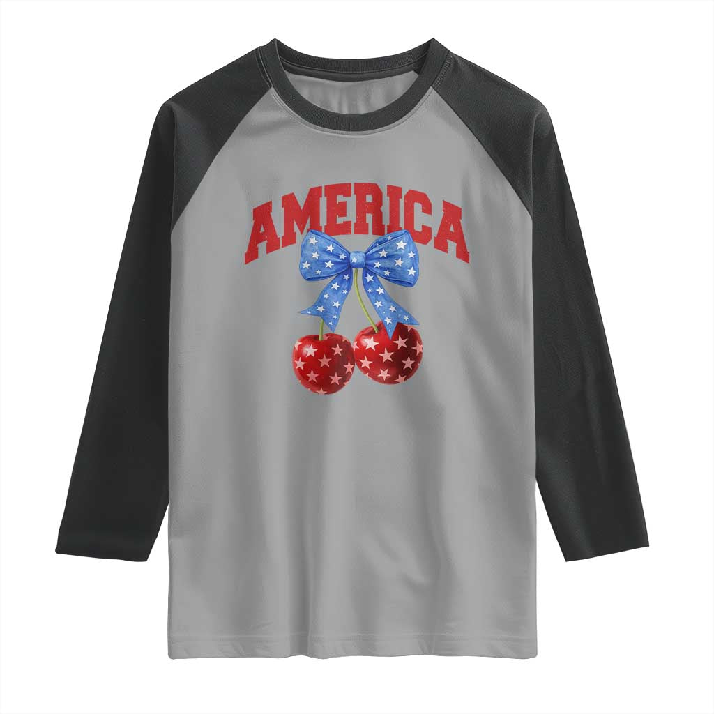 America Cherry Coquette Bow Raglan Shirt 4th of July Patriotic - Wonder Print Shop