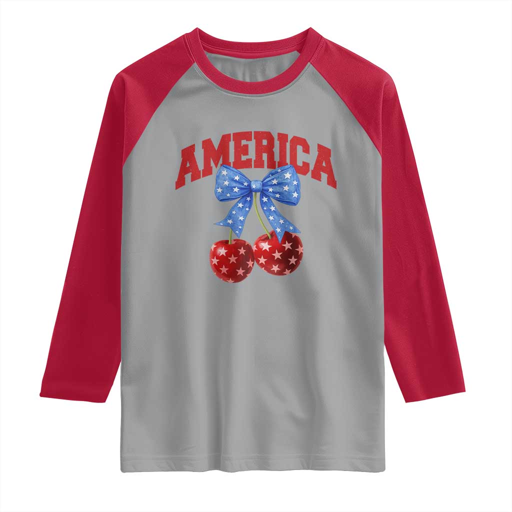 America Cherry Coquette Bow Raglan Shirt 4th of July Patriotic - Wonder Print Shop