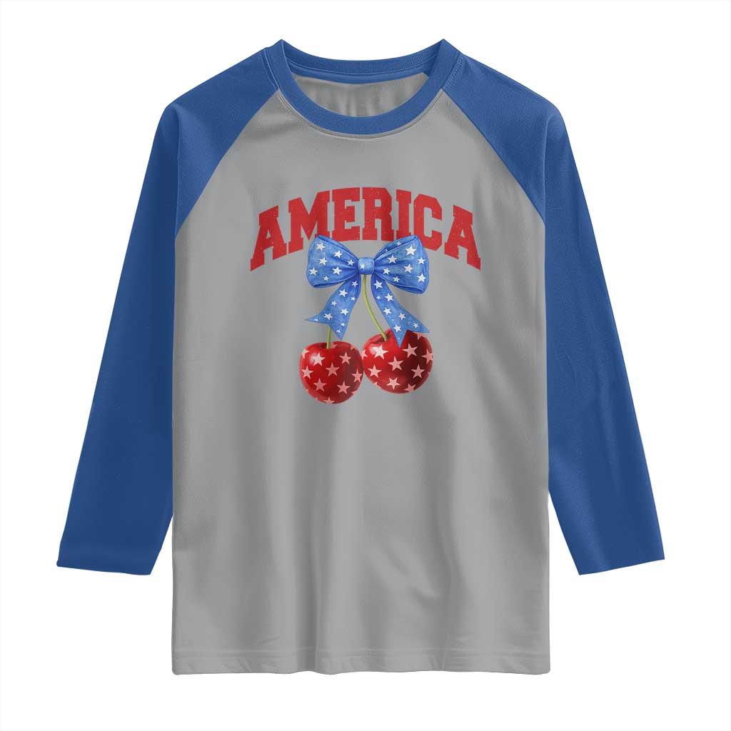 America Cherry Coquette Bow Raglan Shirt 4th of July Patriotic - Wonder Print Shop