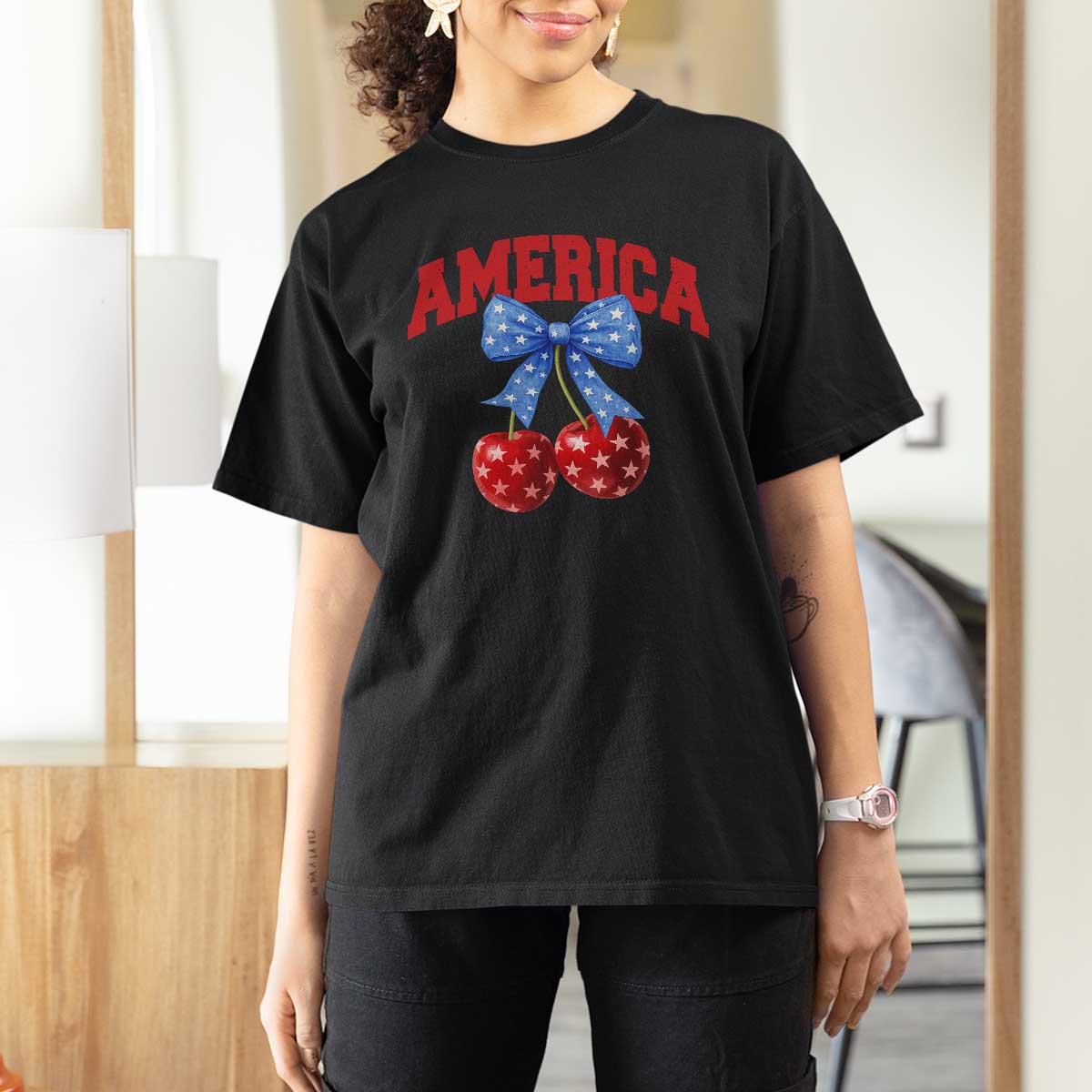 America Cherry Coquette Bow T Shirt For Women 4th of July Patriotic - Wonder Print Shop