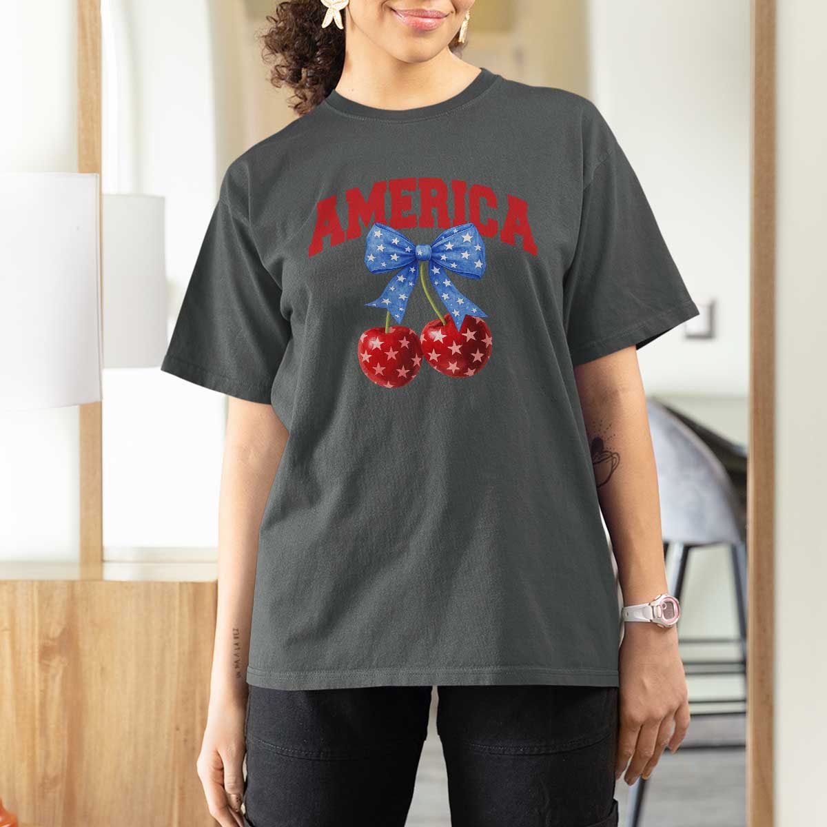 America Cherry Coquette Bow T Shirt For Women 4th of July Patriotic - Wonder Print Shop