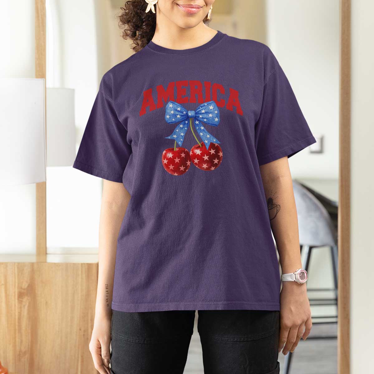 America Cherry Coquette Bow T Shirt For Women 4th of July Patriotic - Wonder Print Shop
