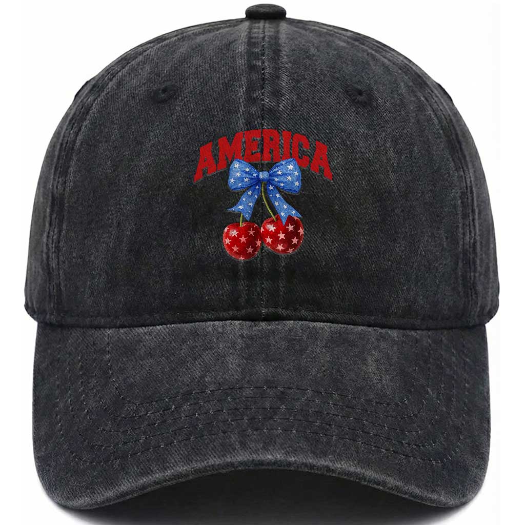 America Cherry Coquette Bow Washed Cotton Baseball Cap 4th of July Patriotic