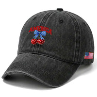 America Cherry Coquette Bow Washed Cotton Baseball Cap 4th of July Patriotic