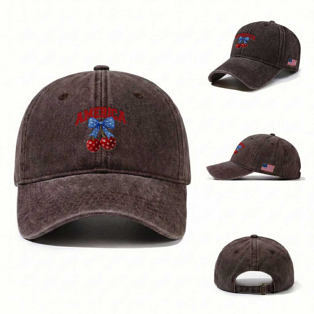 America Cherry Coquette Bow Washed Cotton Baseball Cap 4th of July Patriotic