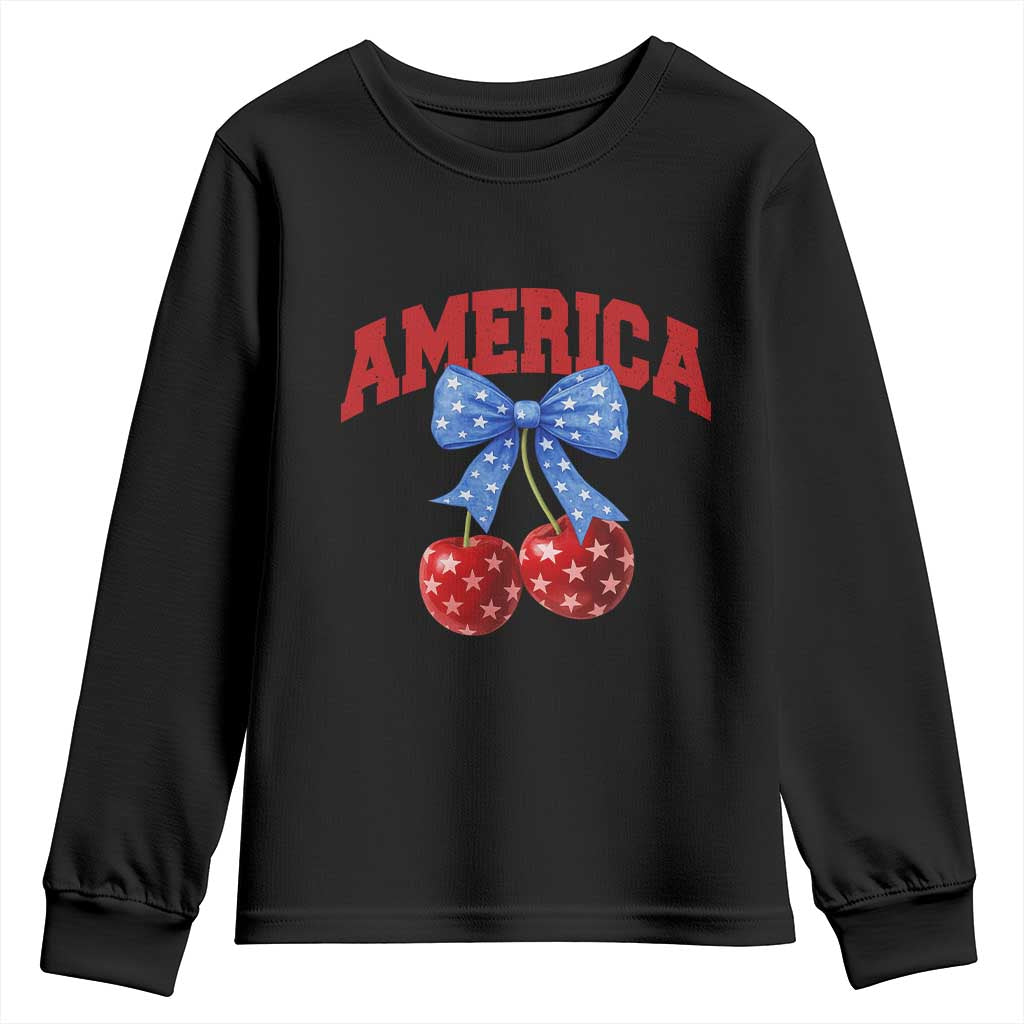 America Cherry Coquette Bow Youth Sweatshirt 4th of July Patriotic - Wonder Print Shop