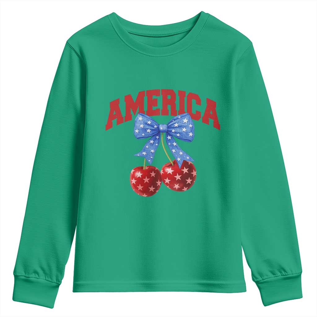 America Cherry Coquette Bow Youth Sweatshirt 4th of July Patriotic - Wonder Print Shop