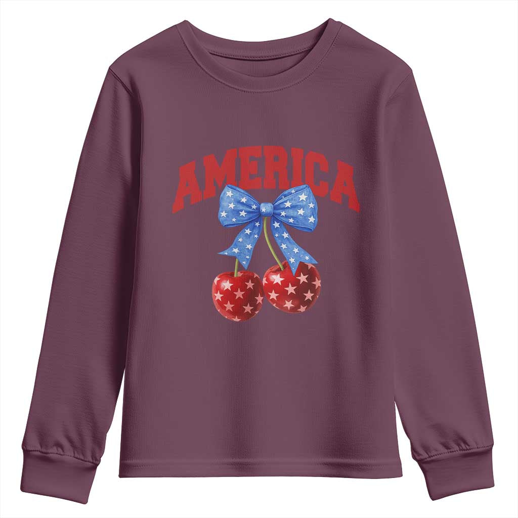America Cherry Coquette Bow Youth Sweatshirt 4th of July Patriotic - Wonder Print Shop