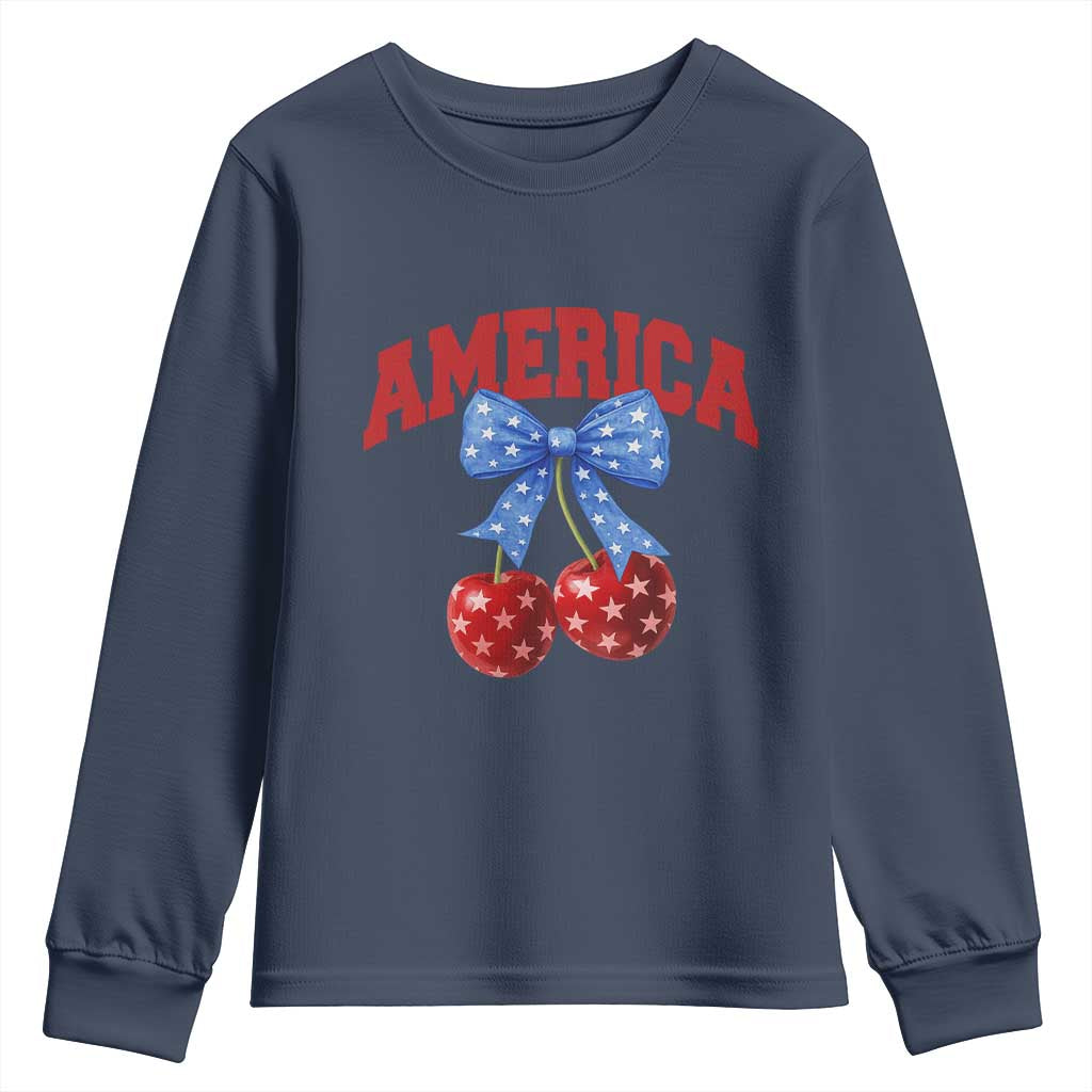 America Cherry Coquette Bow Youth Sweatshirt 4th of July Patriotic - Wonder Print Shop