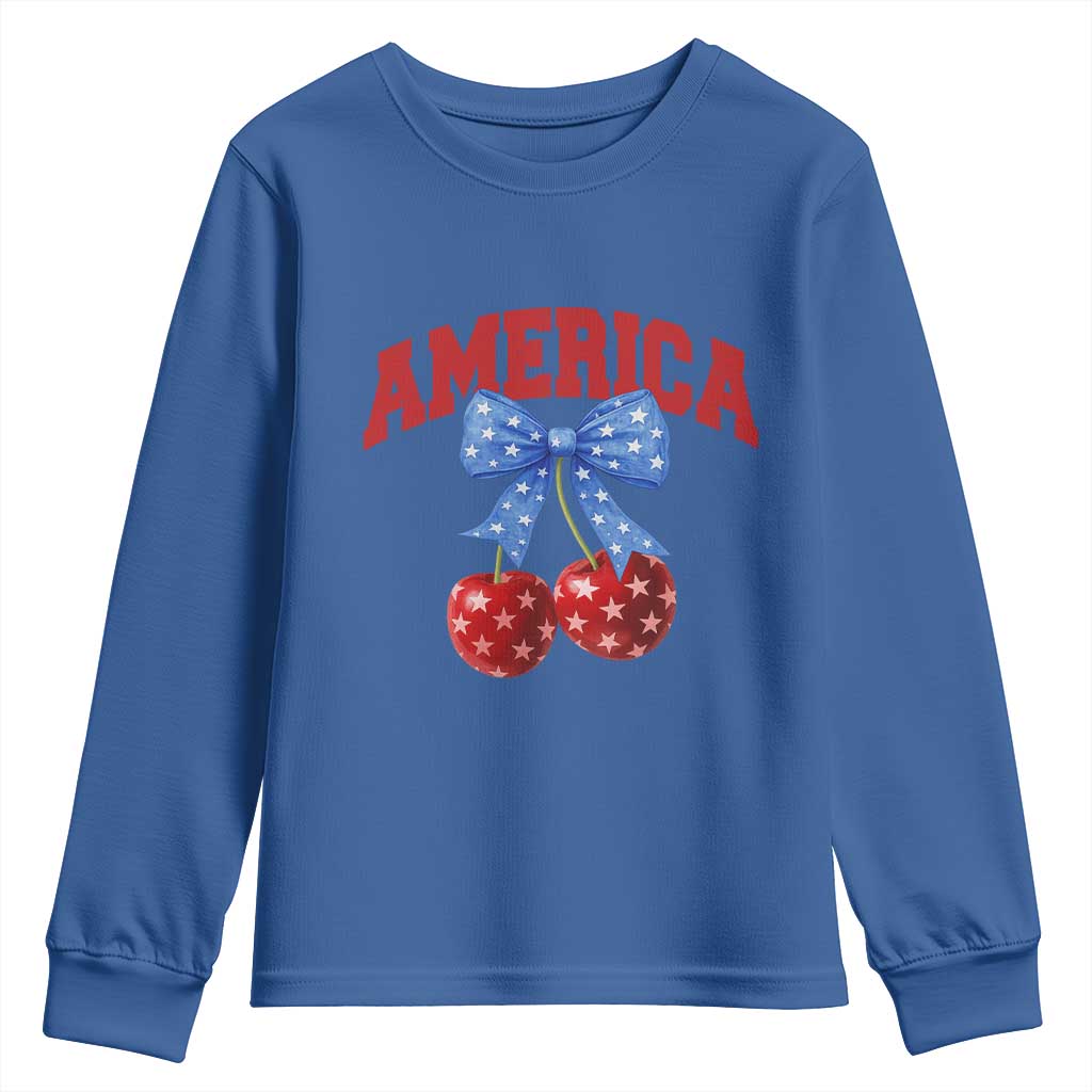 America Cherry Coquette Bow Youth Sweatshirt 4th of July Patriotic - Wonder Print Shop