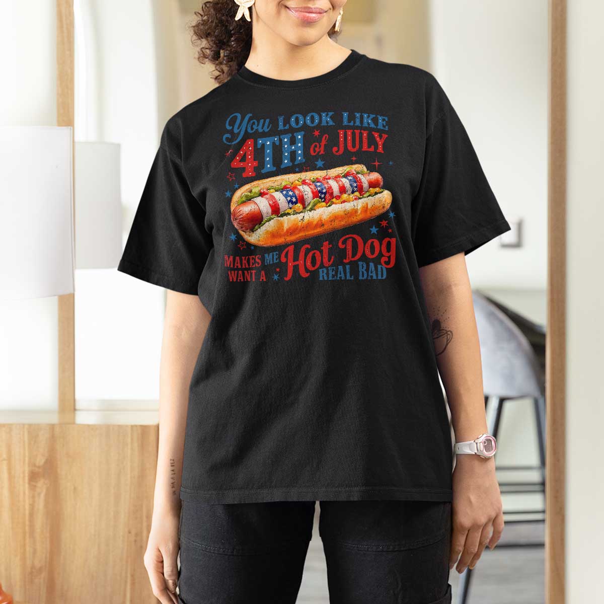 You Look Like 4th of July Hot Dog T Shirt For Women Funny Patriotic Food Meme - Wonder Print Shop